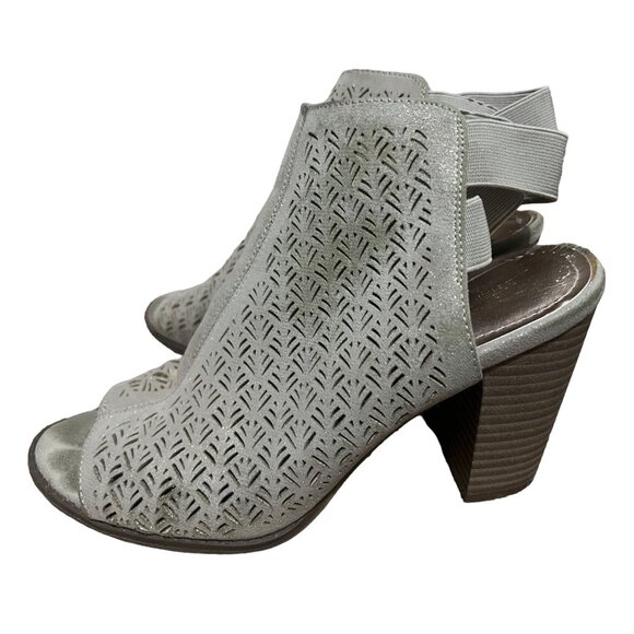 Kenneth Cole Beige Gold Shimmer Open Toe Ankle Booties Sz 8 Chunky Heel Womens - Picture 6 of 12